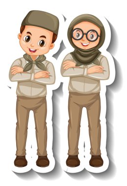 Birkaç Müslüman çocuk safari kıyafeti giyiyor. Karakter çıkartması çizimleri.