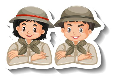 Birkaç çocuk safari kıyafeti giyiyor. Çizgi film karakteri çıkartması çizimleri.
