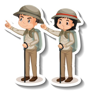 Birkaç çocuk safari kıyafeti giyiyor. Çizgi film karakteri çıkartması çizimleri.
