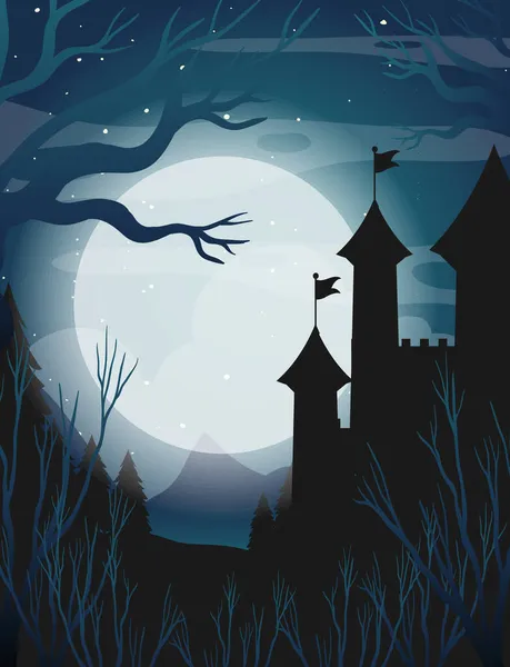 Szene Mit Burgwald Silhouette Und Vollmond Illustration — Stockfoto