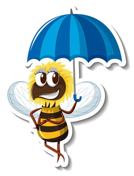 Funny Bee Holding Umbrella Cartoon Sticker Illustration — Stock Photo, Image