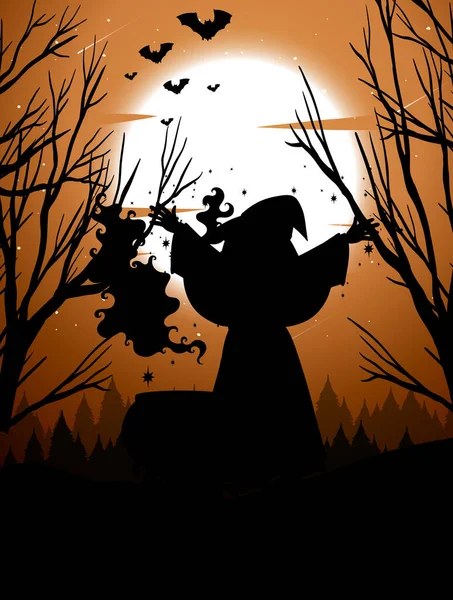 魔女のシルエットのイラストとハロウィンの夜の背景 — ストック写真