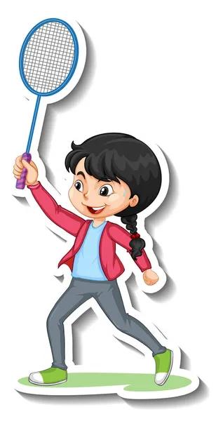 Tekenfilm Karakter Sticker Met Een Meisje Spelen Badminton Illustratie — Stockfoto