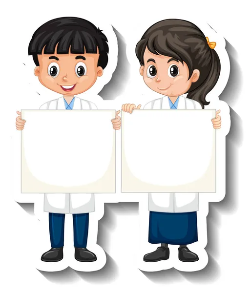 Wetenschapper Paar Kinderen Met Lege Boord Cartoon Karakter Sticker Illustratie — Stockfoto