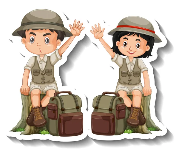 Kilka Dzieci Noszą Strój Safari Kreskówki Postać Naklejki Ilustracja — Zdjęcie stockowe