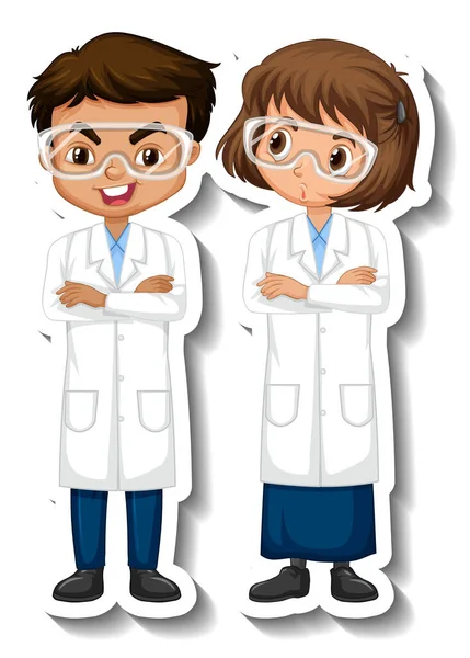 Scientist Couple Kids Cartoon Character Sticker Illustration — Stock Photo, Image