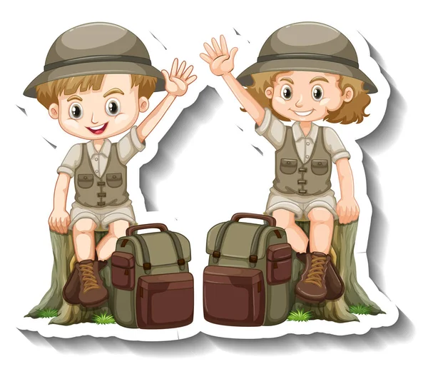 Coppia Bambini Indossare Safari Vestito Cartone Animato Personaggio Adesivo Illustrazione — Foto Stock