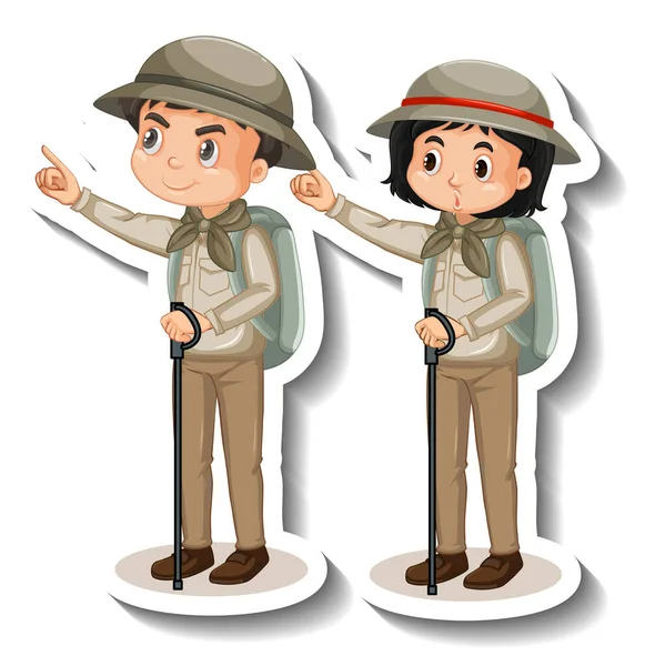 Couple Kids Wear Safari Outfit Cartoon Character Sticker Illustration — Stock Photo, Image