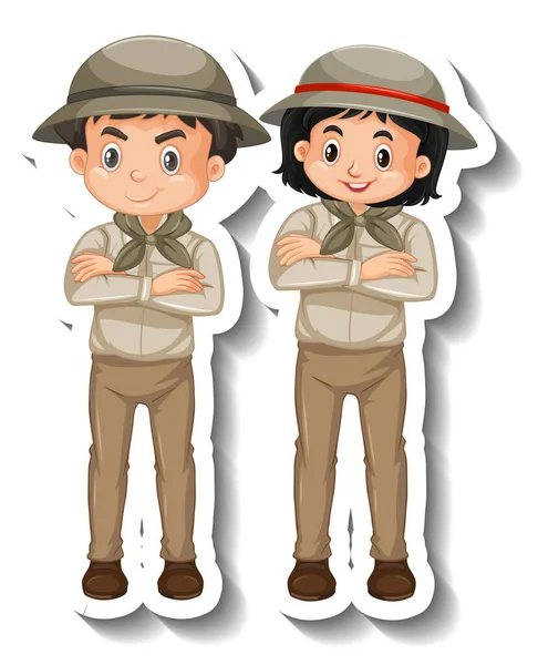 Couple Kids Wear Safari Outfit Cartoon Character Sticker Illustration — Stock Photo, Image