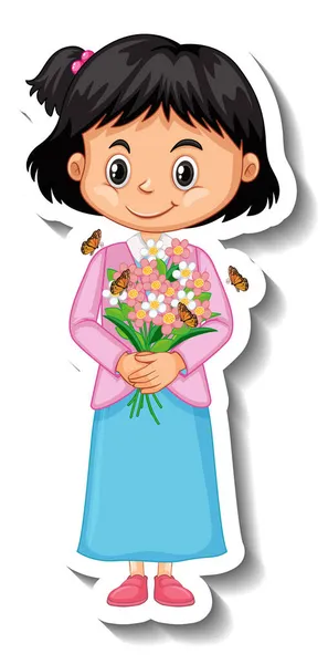 Dziewczyna Trzyma Kwiat Bukiet Kreskówka Charakter Naklejka Ilustracja — Zdjęcie stockowe