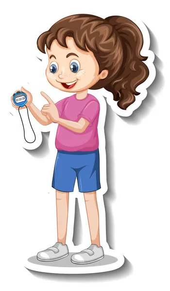 Cartoon Character Sticker Sport Coach Girl Holding Timer Illustration — Stock Photo, Image