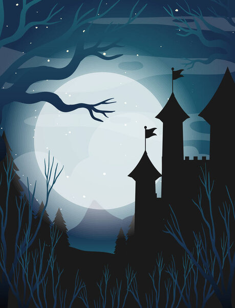 Scene Castle Forest Silhouette Full Moon Illustration Stock Photo