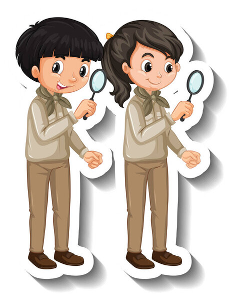 Couple Kids Wear Safari Outfit Cartoon Character Sticker Illustration Royalty Free Stock Photos