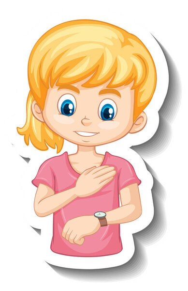 Girl Looking Her Wristwatch Cartoon Character Sticker Illustration Stock Photo