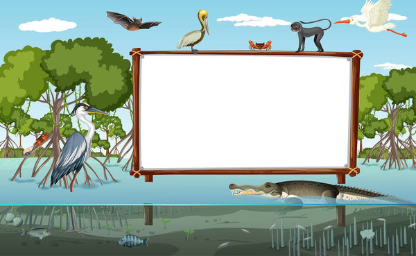 Empty Banner Mangrove Forest Scene Wild Animals Illustration Stock Image