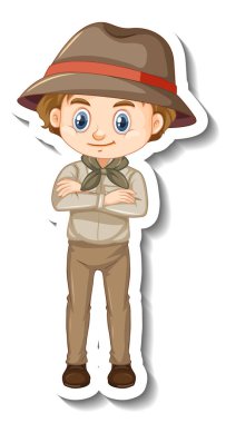 Safari kıyafetli çocuk çizgi film karakteri çıkartması çizimi