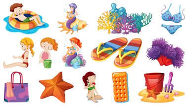 Yazlık plaj nesneleri ve çizgi film karakterlerinin çizimleri.