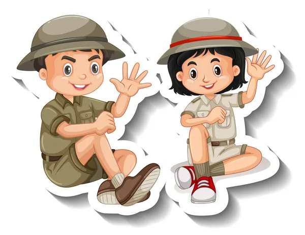 Paar Kinderen Dragen Safari Outfit Cartoon Karakter Sticker Illustratie — Stockvector