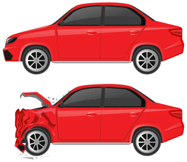 Κόκκινο Αυτοκίνητο Sedan Και Ναυάγησε Αυτοκίνητο Λευκό Φόντο Εικονογράφηση — Διανυσματικό Αρχείο
