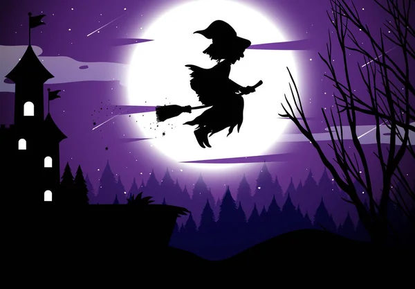 Halloween Éjszakai Háttér Boszorkány Sziluett Illusztráció — Stock Vector