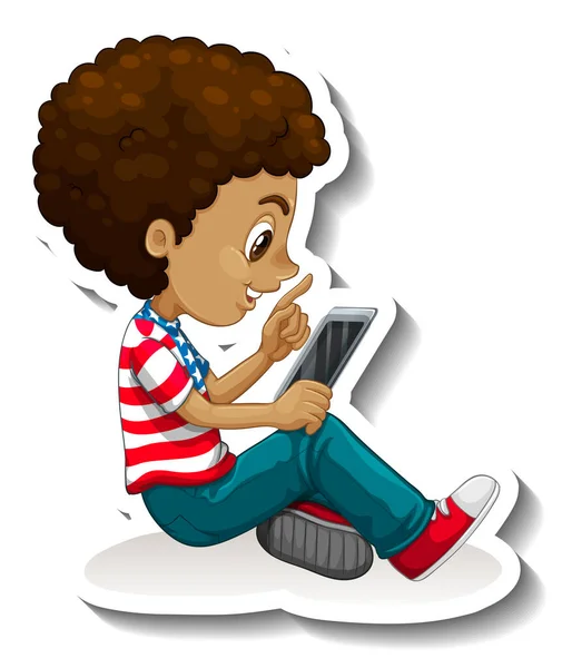 Menino Americano Usando Ilustração Personagem Desenho Animado Smartphone —  Vetores de Stock
