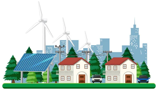 Energia Verde Gerada Pela Turbina Eólica Ilustração Painel Solar — Vetor de Stock
