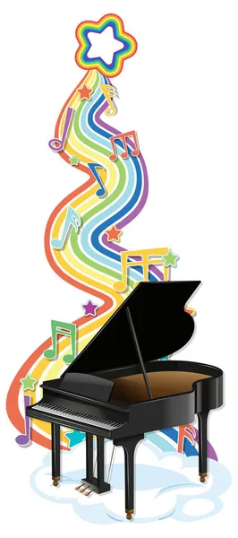 Piano Avec Symboles Mélodiques Sur Illustration Des Ondes Arc Ciel — Image vectorielle