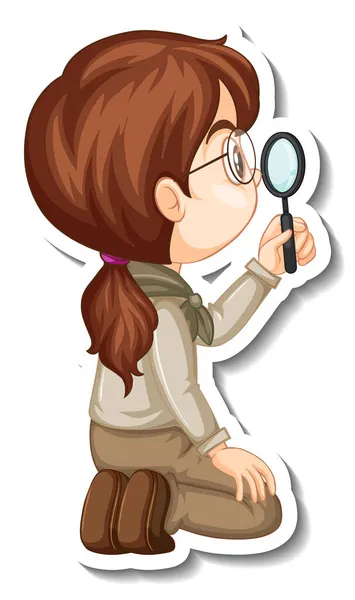 Safari Menina Usando Lupa Desenho Animado Personagem Adesivo Ilustração — Vetor de Stock