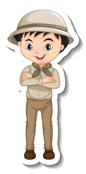 Pojke Safari Outfit Tecknad Karaktär Klistermärke Illustration — Stock vektor