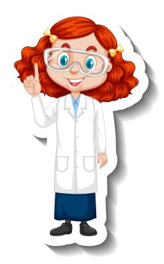 Çizgi film karakteri çıkartması. Üzerinde bilim elbisesi resimli bir kız var.