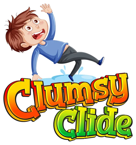 Clumsy Clide Disegno Del Testo Logo Con Ragazzo Scivolato Pavimento — Vettoriale Stock