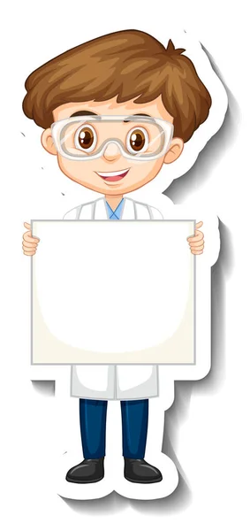 拿着空木板的科学家男孩用贴纸式图解 — 图库矢量图片