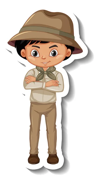 Niño Traje Safari Dibujo Animado Carácter Etiqueta Engomada Ilustración — Vector de stock