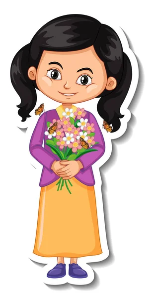 Una Niña Sosteniendo Flores Ramo Dibujos Animados Carácter Ilustración — Vector de stock