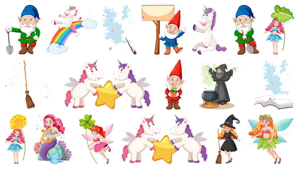 Conjunto Fantasia Conto Fadas Personagens Elementos Ilustração — Vetor de Stock