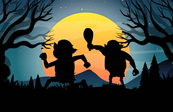 Halloween Nacht Achtergrond Met Trollen Silhouet Illustratie — Stockvector