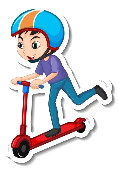 Boy Wears Helmet Riding Scooter Cartoon Character Illustration — Stock Vector