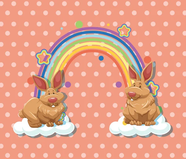 Twee Konijnen Wolk Met Regenboog Polka Dot Achtergrond Illustratie — Stockvector