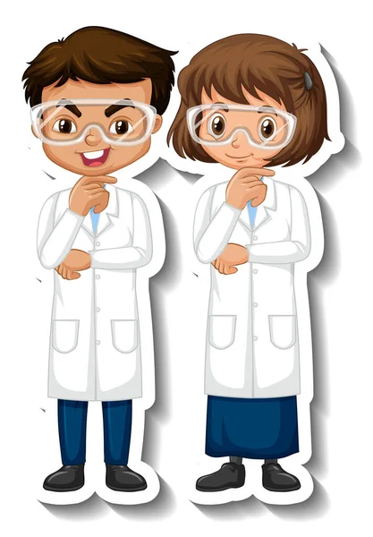 Wissenschaftler Paar Kinder Cartoon Charakter Aufkleber Illustration — Stockvektor
