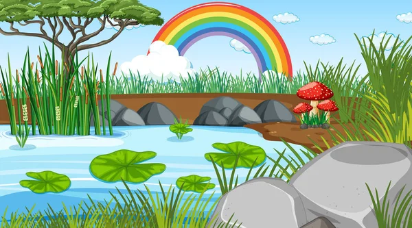 Fondo Escena Naturaleza Con Arco Iris Cielo Ilustración — Vector de stock