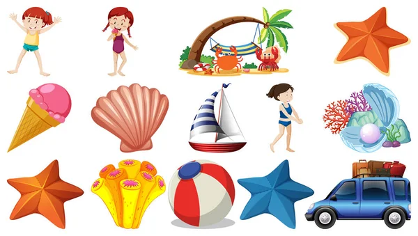 Conjunto Objetos Praia Verão Personagens Desenhos Animados Ilustração — Vetor de Stock