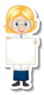 Çıkartma stili illüstrasyonda boş tahtayı tutan bilim adamı kız