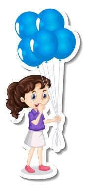 Elinde balon tutan tatlı kız çizgi film karakteri çıkartması çizimi