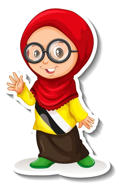 Chica Musulmana Con Camisa Brunei Ilustración Etiqueta Engomada Dibujos Animados — Vector de stock