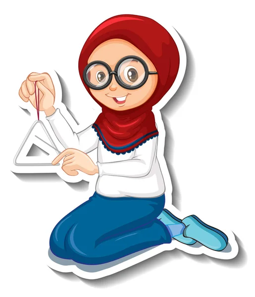 Muslim Girl Playing Triangle Cartoon Character Sticker Illustration — Stock Vector