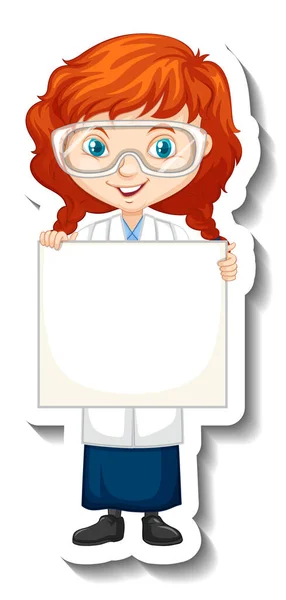 Scientist Girl Holding Empty Board Sticker Style Illustration — Stock Vector