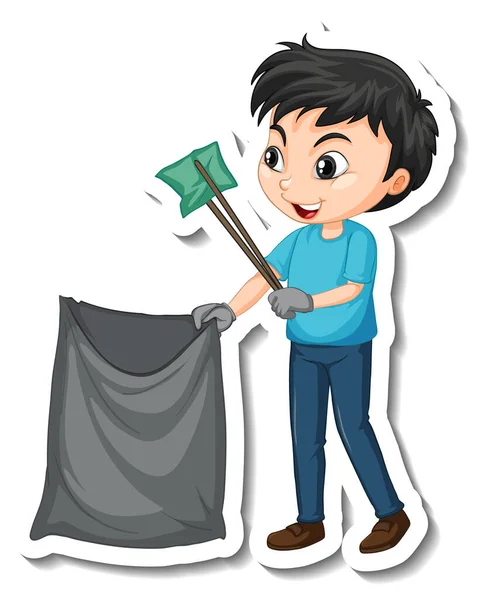 Boy Collecting Garbage Trash Cartoon Character Illustration — Stock Vector