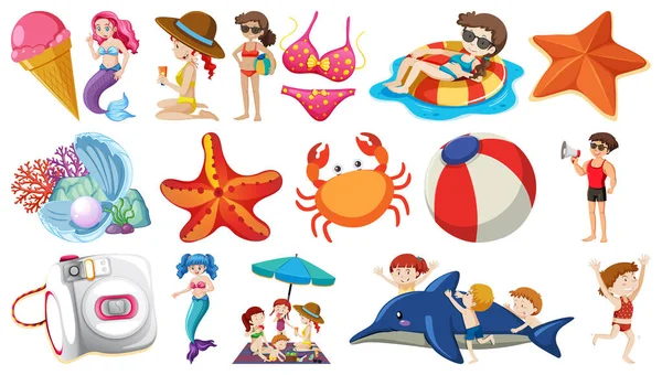 Conjunto Objetos Playa Verano Personajes Dibujos Animados Ilustración — Archivo Imágenes Vectoriales