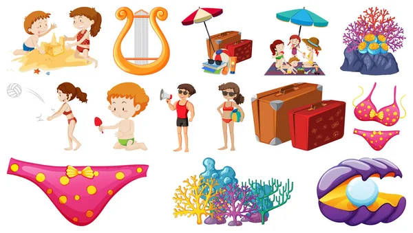 Set Van Zomer Strand Objecten Stripfiguren Illustratie — Stockvector