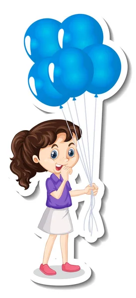 Nettes Mädchen Mit Luftballons Cartoon Figur Aufkleber Illustration — Stockvektor